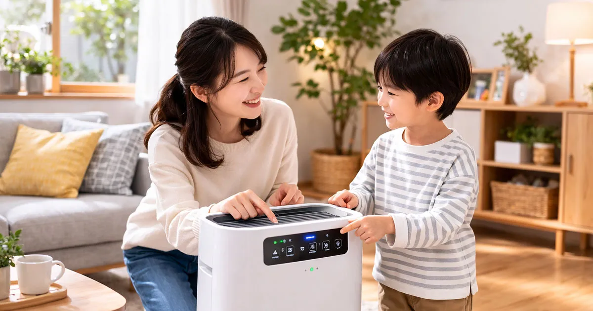 空気清浄機を操作する親子