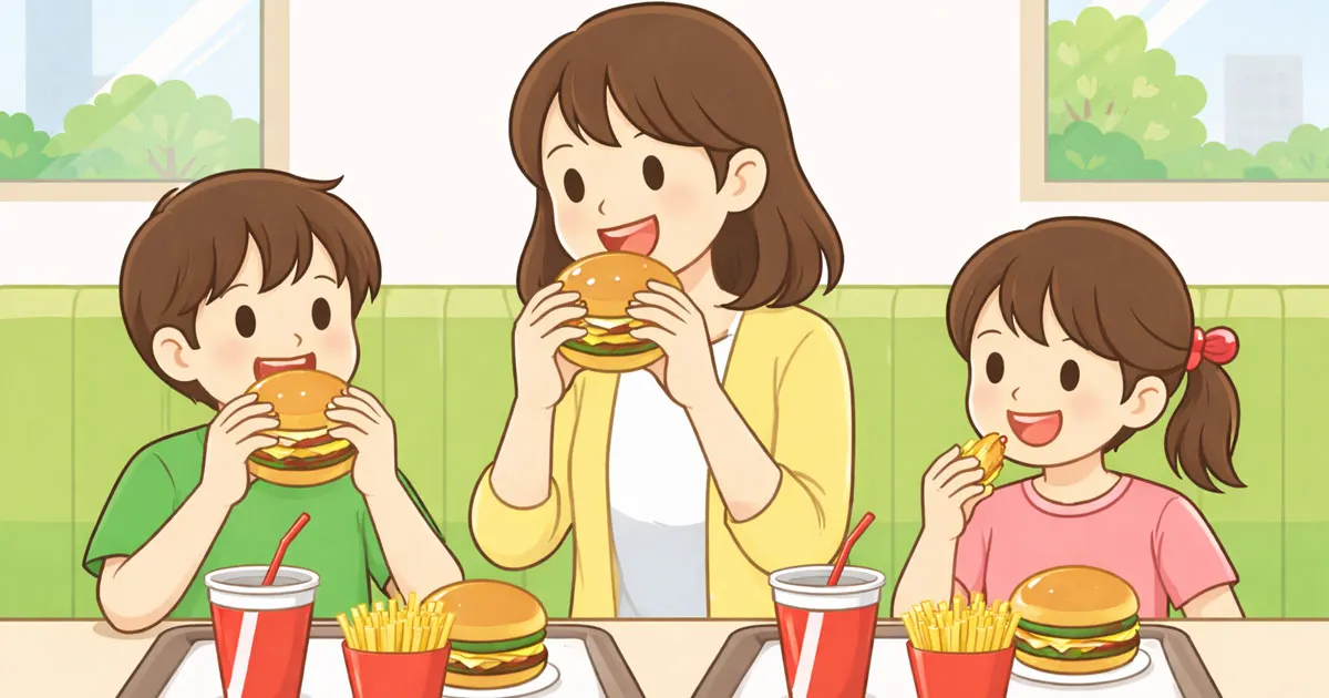 ファストフードを食べるファミリー