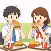 ハンバーガーを食べる中学生
