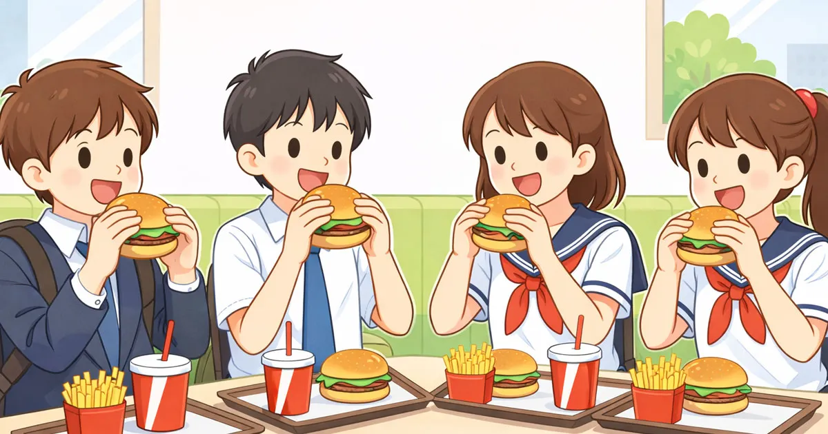 ハンバーガーを食べる中学生