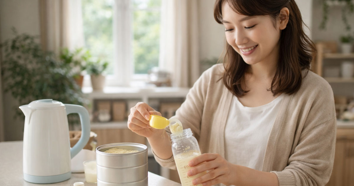 粉ミルクを入れる女性