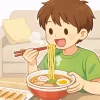 ラーメンと餃子を食べる男の子
