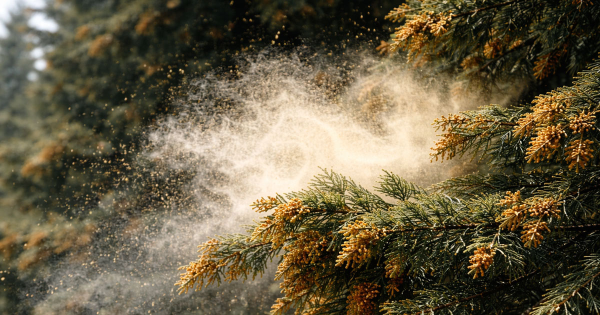 スギの木から花粉が出ている様子