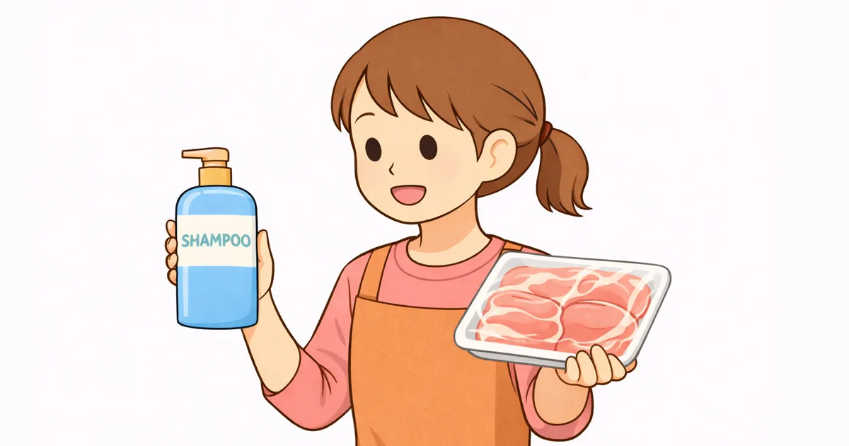 シャンプーとお肉を持つ主婦